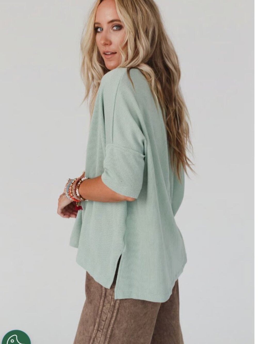 Three Bird Nest, M, The Nest On The Go V Neck Ribbed Essential Tee, Sage, NWOT - Picture 3 of 7